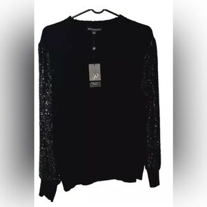 Adrianna Papell Women’s Mock Ruffle Neck Sequin Sleeve Sweater-Size L-Black-NWT